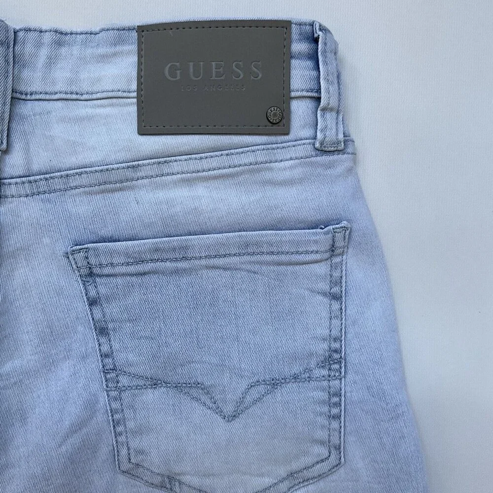 Guess Men's Slim Denim Shorts Destroy Super Stretch Light Blue Comfort Size 32
